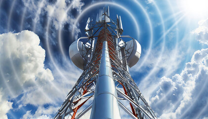 Aerials on blue sky with clouds and radio waves. Close-up and bottom view of a communications tower for mobile phone. Generative Ai. - obrazy, fototapety, plakaty