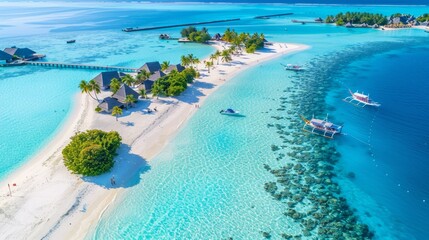 Tranquil maldives island beach aerial view of luxury resort in exotic tropical landscape - obrazy, fototapety, plakaty