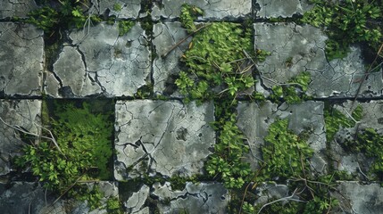 Cracked concrete pattern, reflecting the ruins of the urban landscapes, interspersed with patches of resilient green moss and small plants, resilience of nature created with Generative AI Technology