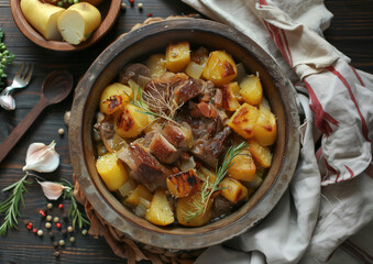 lamb with potato in the bowl standing on the dark table, flat lay - obrazy, fototapety, plakaty