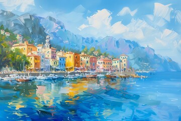 Panorama of summer seaside cityscape. Horizontal oil painting 