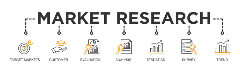 Market research banner web icon vector illustration concept with icon of target markets customer evaluation analysis statistics survey and trend
