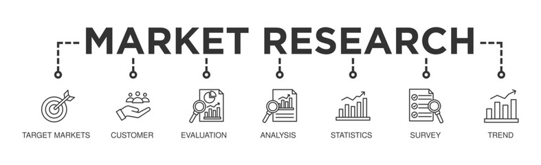 Market research banner web icon vector illustration concept with icon of target markets customer evaluation analysis statistics survey and trend