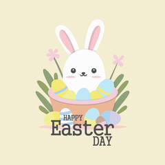 Cute Easter Bunny With Colorful Eggs and Flowers