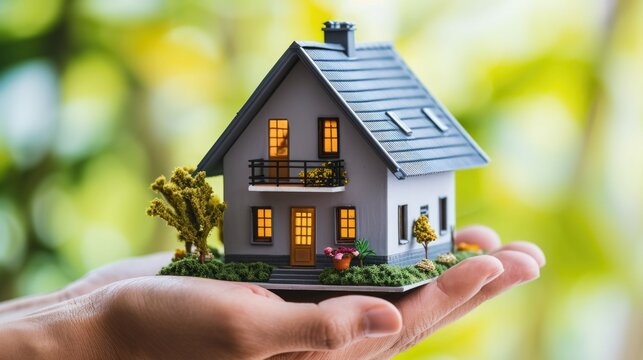 Hand holding model house, life insurance concept