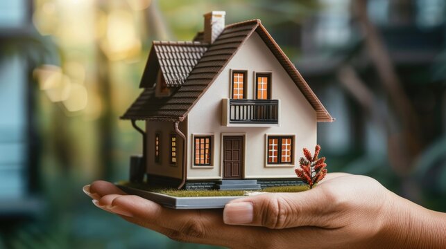 Hand holding model house, life insurance concept