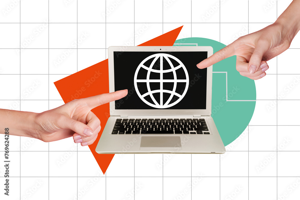 Poster sketch image composite artwork 3d photo collage of huge leptop digital device global internet connec