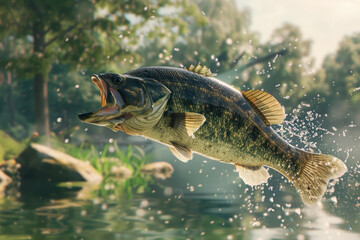 Perch or predatory fish jumping out of the water after bait above the water with open mouth at the lake, close up. Advertising or banner for fishing shop or bait advertising
