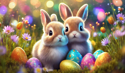 baby bunny family, adorable big eyes, on a colorful flower meadow with painted easter eggs