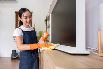 Asian female housekeeper cleaning the house using spray and cleaning cloth at the table in the living room