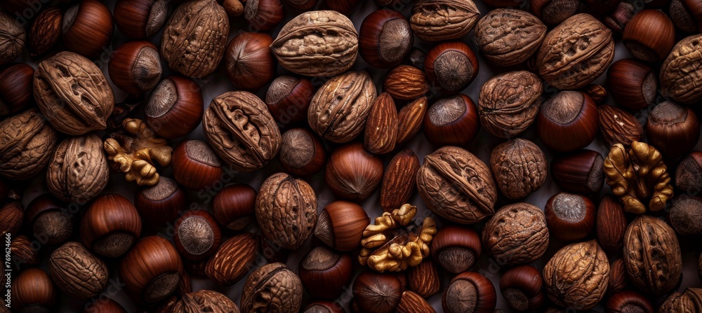Aufkleber assorted nuts creating a natural top view background, various kinds of nuts in a harmonious display
