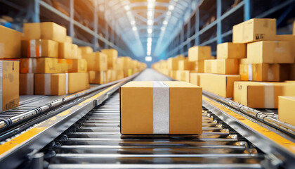 Cardboard boxes on conveyor rollers in a distribution warehouse. Delivery and packaging service concept. Generative Ai.