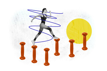 Photo collage young sportive fit girl sportswear run practicing jogging dumbbells gymnast...
