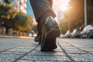 legs of a businessman in fashionable shoes walking down the street close up, legs of a businessman in patent shoes in motion close up, back view
 - obrazy, fototapety, plakaty