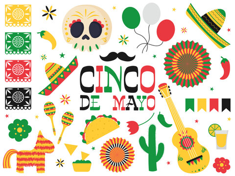 Cinco de Mayo celebration in Mexico, icons set, design element, flat style, collection objects for Cinco de Mayo parade with pinata, food, sambrero, tequila cactus, flag, skull etc vector illustration