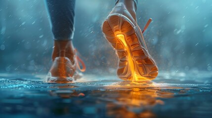 Close-up of runner's feet with glowing shoes hitting the wet pavement, showcasing the energy and determination of an urban runner.