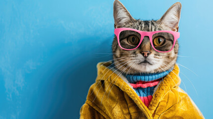 Cool fashionable cat concept. Cat wearing pink sunglasses and yellow jacket in front of bright blue wall background