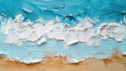 Closeup of impasto abstract rough seascape and beach. Blue, white and beige colors, art painting canvas texture	
