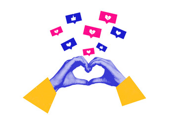 Fototapeta na wymiar Creative collage picture human hands showing love gesture heart likes social network feedback notification white background