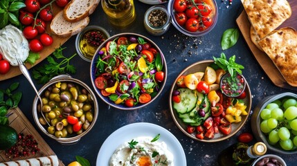 Healthy food, Mediterranean diet dishes on a dining table