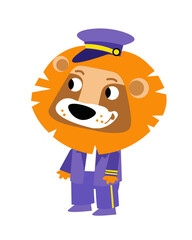 Cute cartoon style character. Lion captain of ship, liner. Isolated animal on white background. Preschool activity. Vector illustration.