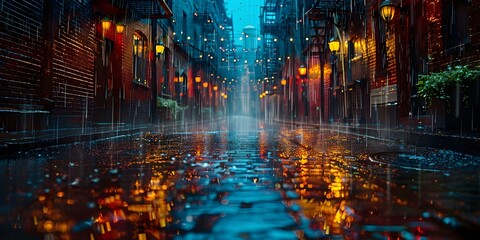 Urban Alley at Night: Moody Lighting, Wet Pavement, and Weathered Architecture in a Dark Cityscape. Concept Urban Alley, Night Photography, Moody Lighting, Wet Pavement, Weathered Architecture