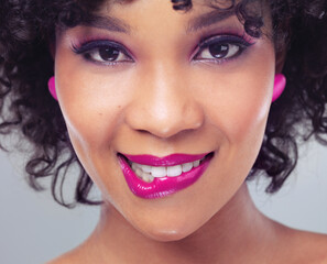 Portrait, lips and closeup and bite for female person, sexy and beauty with makeup on white...