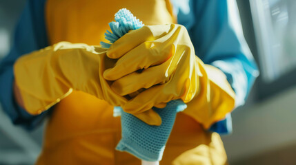 Close-up of female hands in yellow gloves cleaning with a sponge rag. Cleaning concept. Copy space. Generative AI