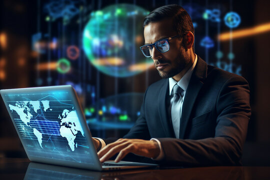 Hard working person in modern interior office programming writing web java script code AI technology generation