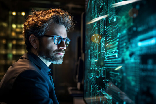 Hard working person in modern interior office programming writing web java script code AI technology generation