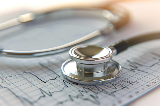 Medical stethoscope lying on cardiogram chart background close up selective focus with space for text or inscriptions
