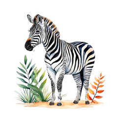 Fototapeta na wymiar Zebra standing full body view, watercolor illustration, wild animal, clipart, forest, leaves, vector, zoo, animal park, cutout on white background, for scrapbook, arts, for kids picture story books