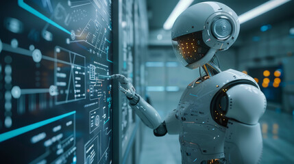 A futuristic robot with human-like features interacts with a digital interface in a high-tech environment, showcasing advanced technology and artificial intelligence.