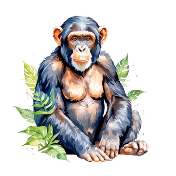 Chimpanzee sitting full body view, watercolor illustration, wild animal, clipart, leaves, vector, zoo, animal park, cutout on white background, for scrapbook, arts, for kids picture story books