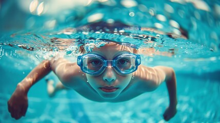 a boy swimming underwater with goggles