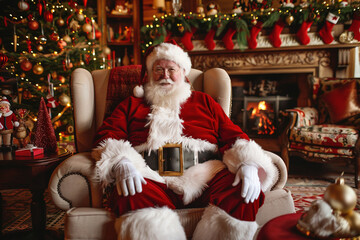 Fototapeta na wymiar red Santa in chair decoration, room charismas 