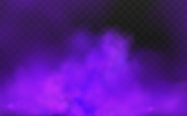 Scary mystical  violet fog in night Halloween. Purple poisonous gas, dust and smoke effect.Realistic neon magic mist steam on a transparent dark background.
