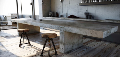 Minimalist kitchen, concrete, live-edge table.