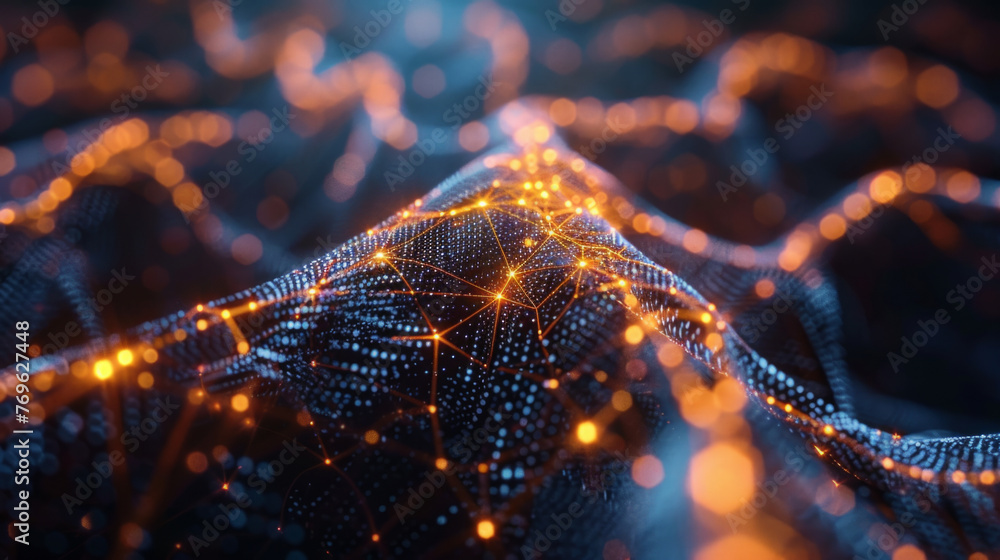 Poster abstract digital landscape with glowing, interconnected nodes and lines forming a network over a dar