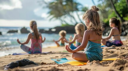 Group of individuals,likely a family,is shown participating in a serene yoga session on a picturesque beach The scene captures the harmony of body and mind as they engage in mindful