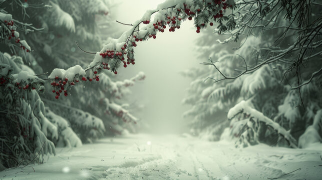 A snowy forest with a branch covered in red berries. The branch is covered in snow and the snow is white. The image has a peaceful and serene mood