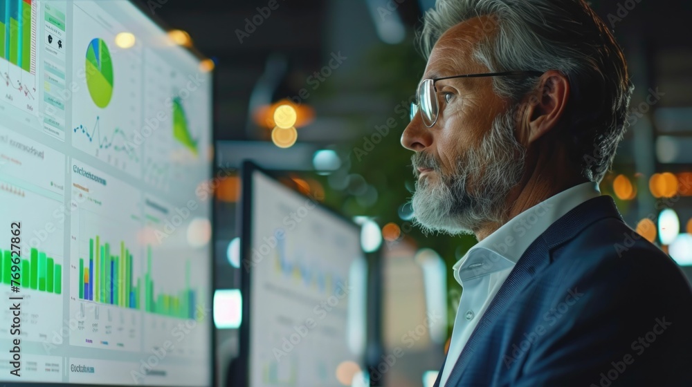 Poster business meeting discussing sustainable investment strategies the participants are examining charts 