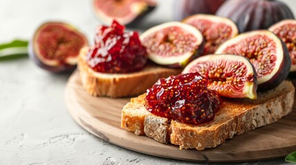 Fig jam on toast with fresh fig slices on a wooden board against a light gray rough background