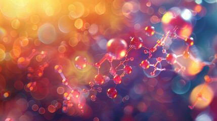 Obraz na płótnie Canvas Vibrant illustration of a molecular structure with a defocused background, featuring interconnected atoms represented by spheres and bonds as sticks, in a warm color palette with bokeh effects.