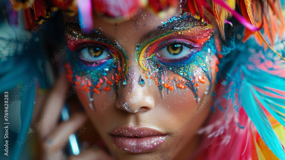 Poster close-up of a person with vibrant face paint and colorful feathers, showcasing an artistic and exoti