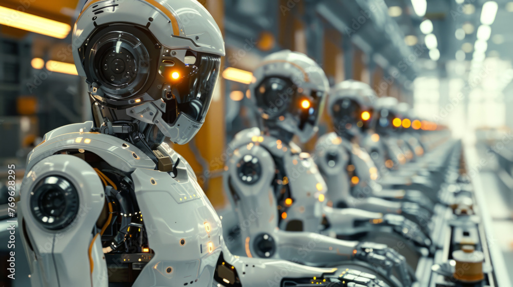 Poster a lineup of advanced humanoid robots with a sleek design in an industrial setting, showcasing futuri