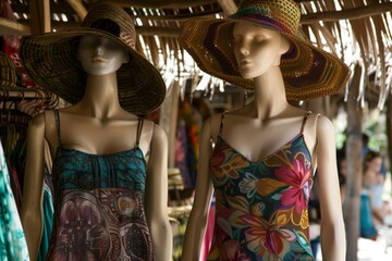two mannequins in summer dresses in outdoor market scene