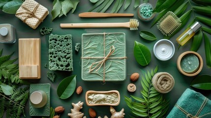 Eco-friendly and sustainable products including bamboo,plant leaves,and natural materials on a green background The image promotes a green and environmentally conscious - obrazy, fototapety, plakaty