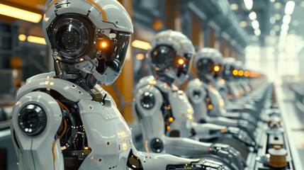 Fototapeta premium A lineup of advanced humanoid robots with a sleek design in an industrial setting, showcasing futuristic technology and automation.