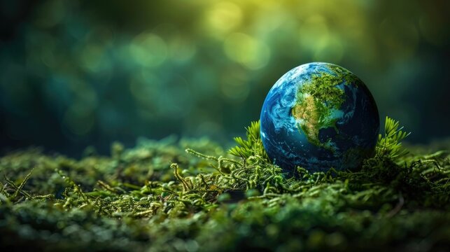 Abstract design featuring a green and blue earth-like sphere nestled in a lush,mossy environment This image represents global eco-friendly initiatives,nature conservation